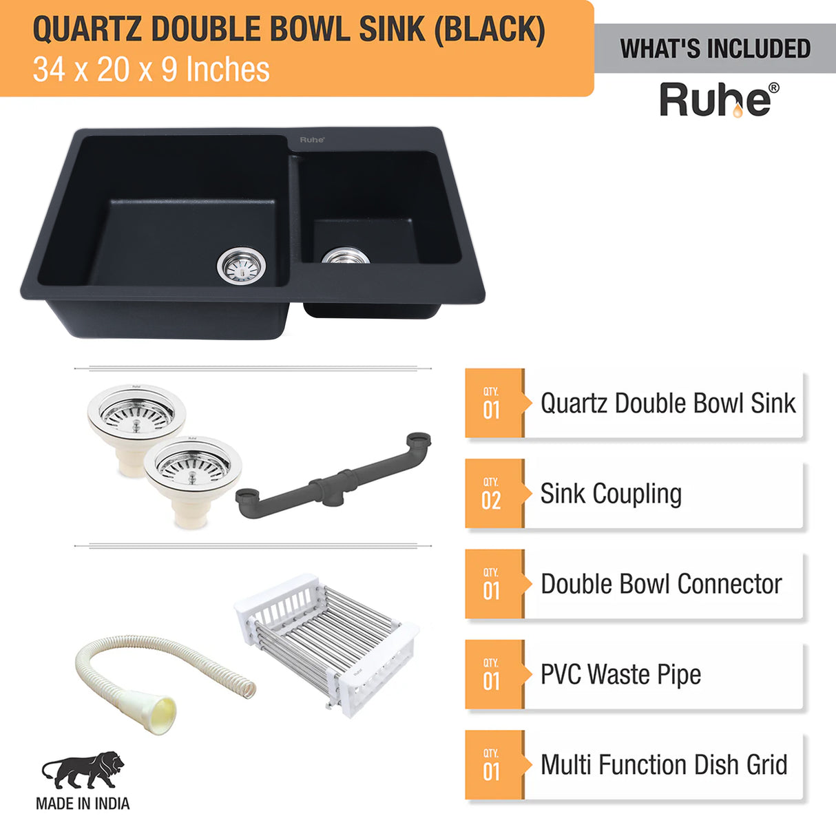 Quartz Double Bowl Kitchen Sink - Matte Black (34 x 20 x 9 inches) - by Ruhe®