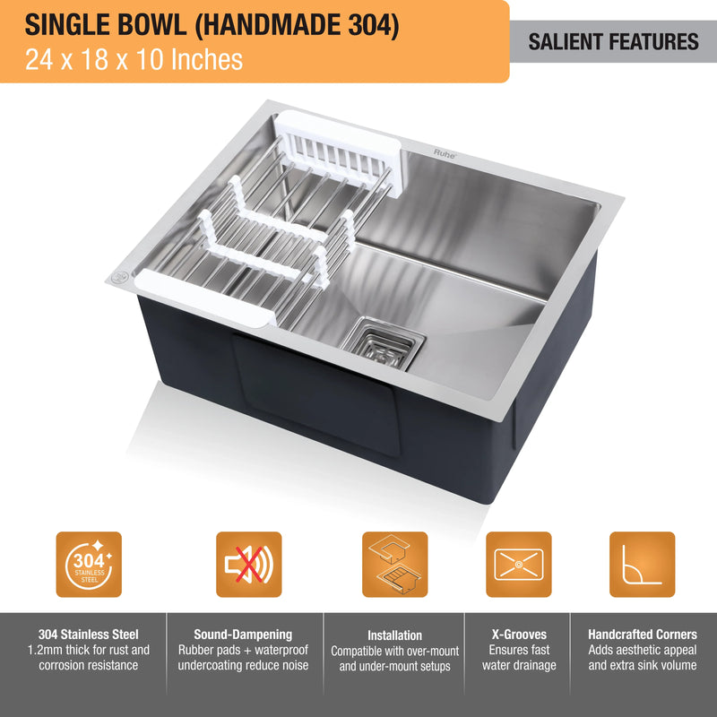 Handmade Single Bowl Kitchen Sink (22 x 18 x 10 Inches)