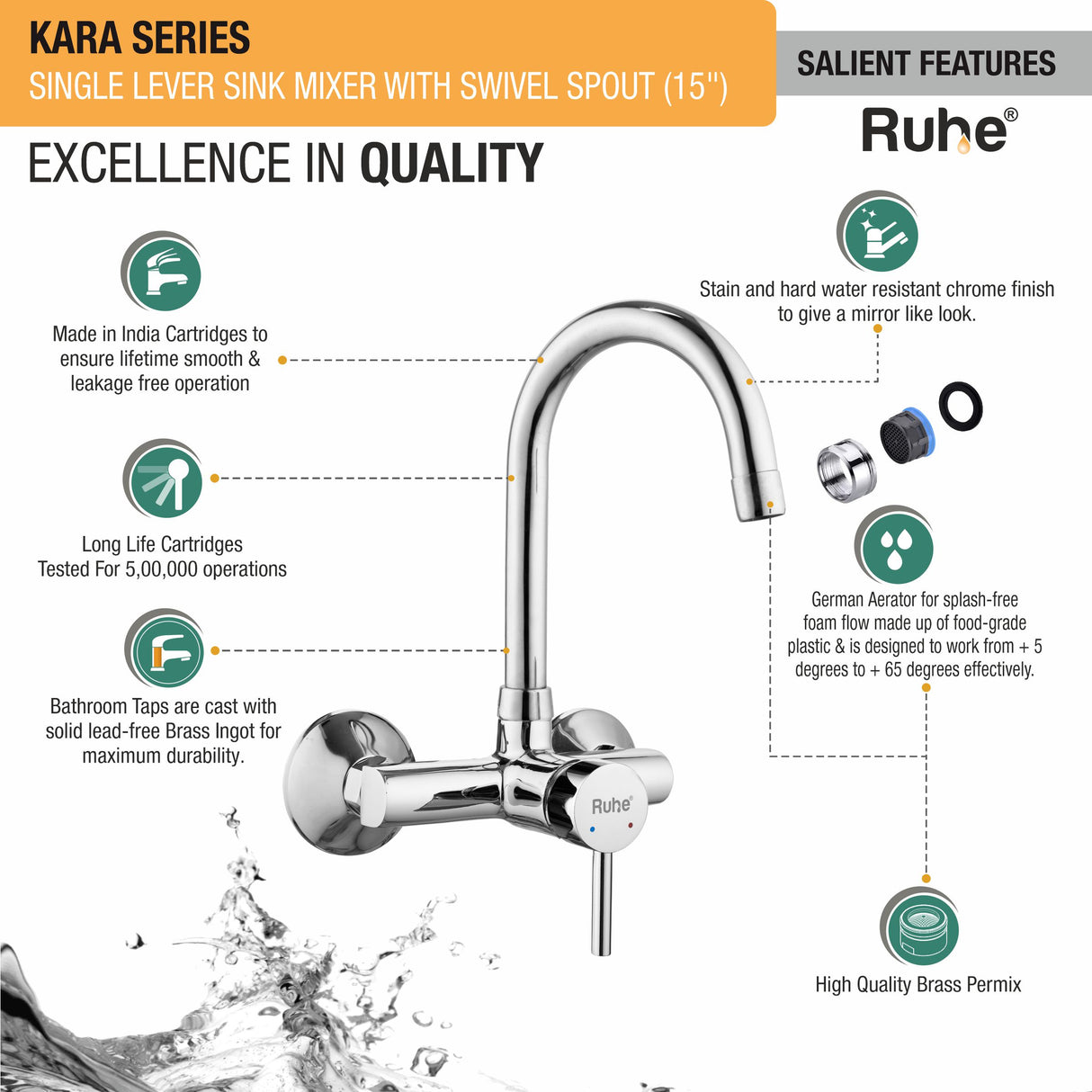 Kara Single Lever Wall-mount Brass Mixer Faucet with Swivel Spout (15 Inches) - by Ruhe®