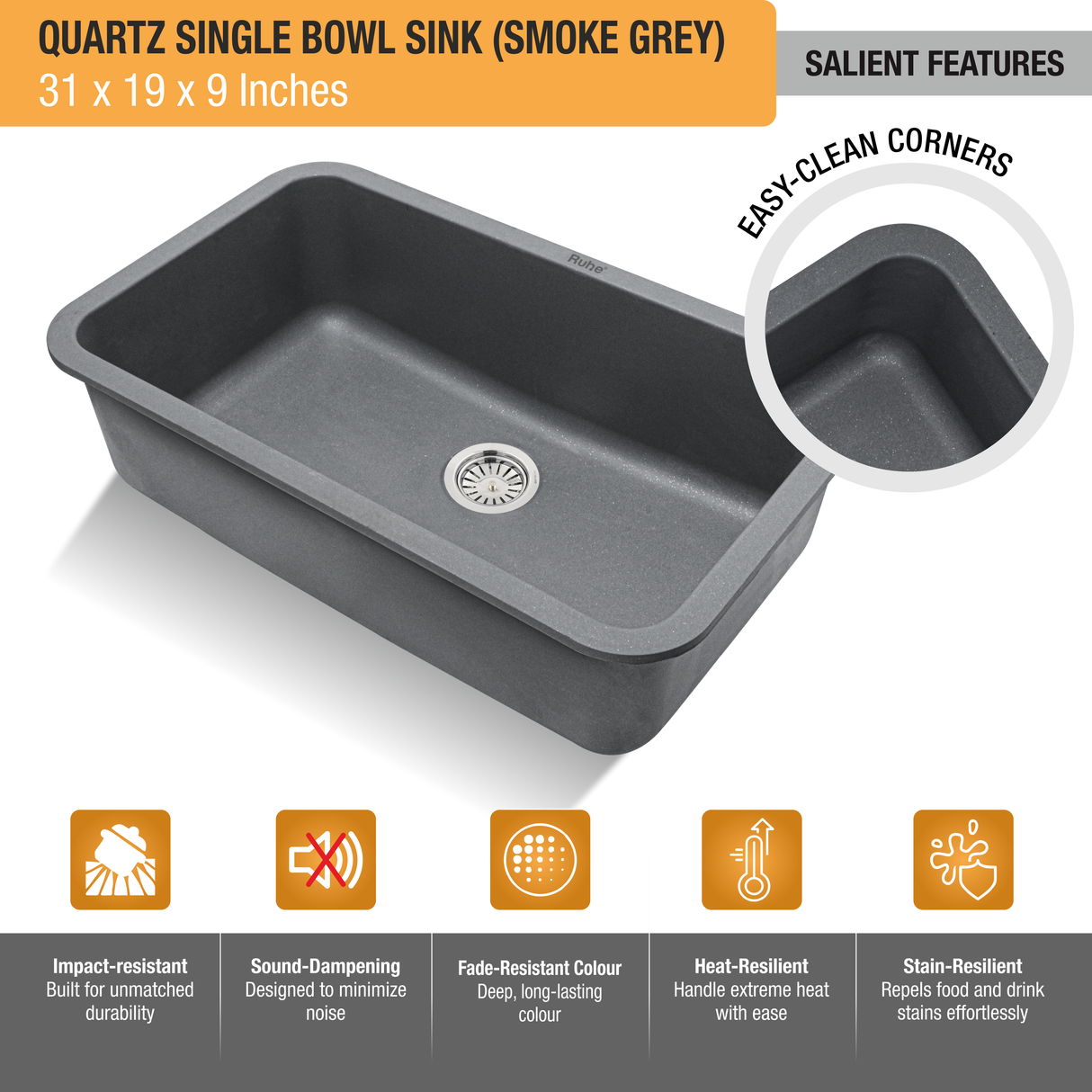 Smoke Grey Quartz Single Bowl Kitchen Sink  (31 x 19 x 9 inches) - by Ruhe