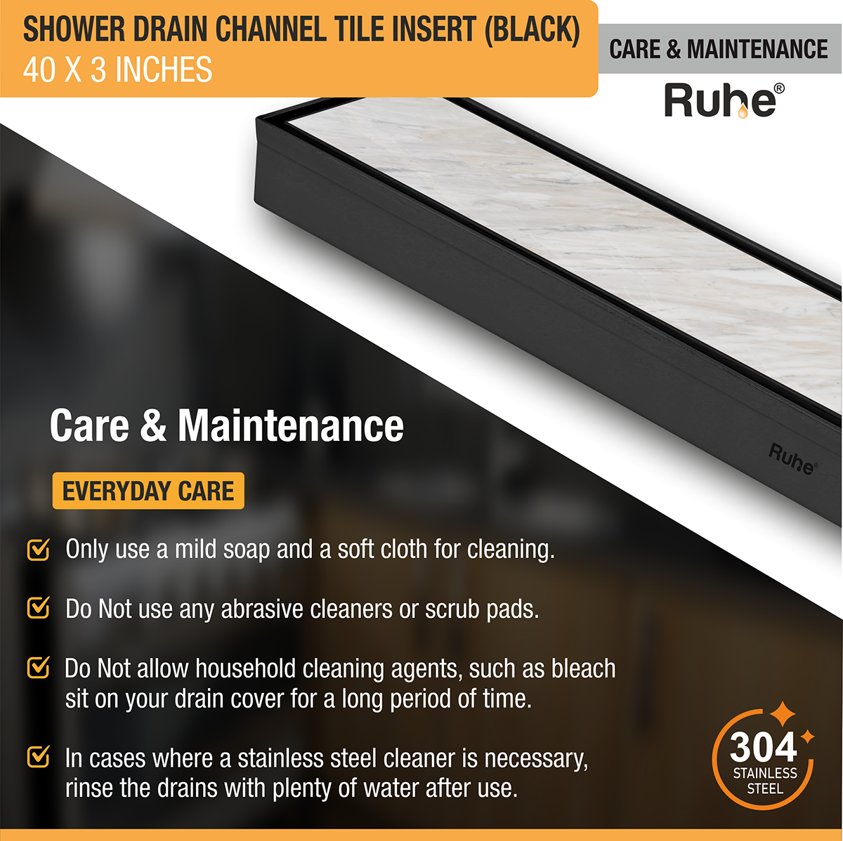 Tile Insert Shower Drain Channel (40 x 3 Inches) Black PVD Coated - by Ruhe®