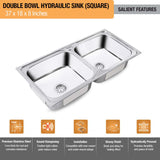 Square Double Bowl (37 x 18 x 8 inches) Kitchen Sink - by Ruhe