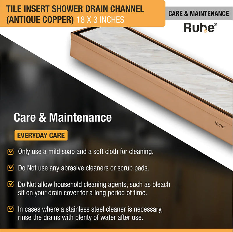 Tile Insert Shower Drain Channel (18 x 3 Inches) Antique Copper PVD Coated - by Ruhe