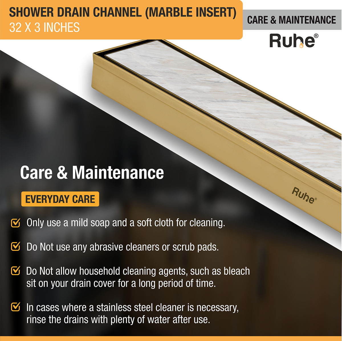 Marble Insert Shower Drain Channel (32 x 3 Inches) YELLOW GOLD PVD Coated care and maintenance
