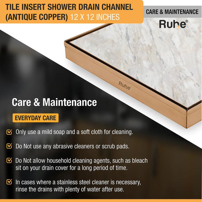 Tile Insert Shower Drain Channel (12 x 12 Inches) Antique Copper PVD Coated - by Ruhe