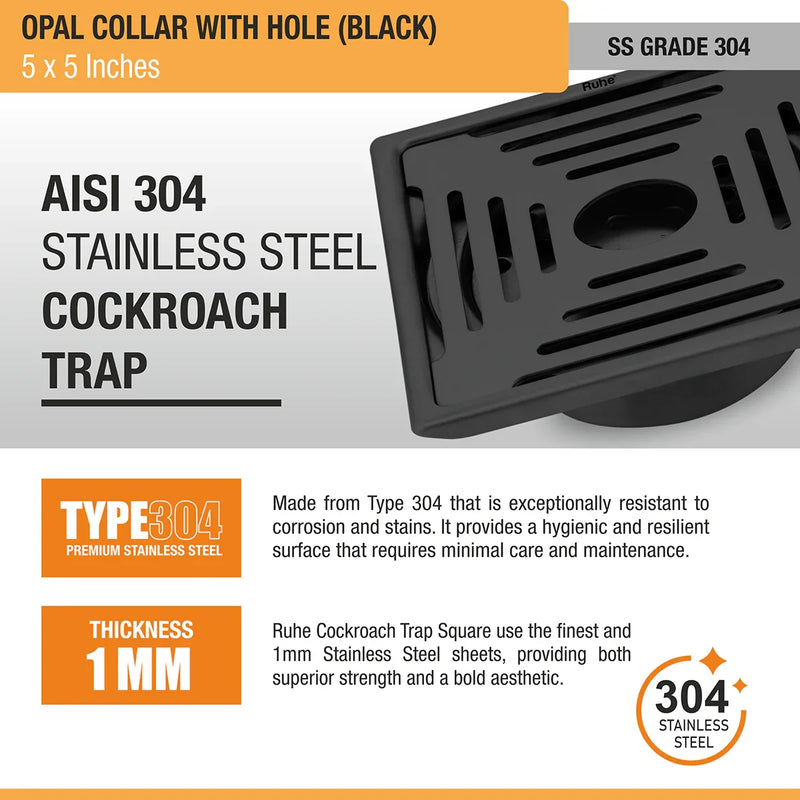 Opal Square 304-Grade Floor Drain in Black PVD Coating (5 x 5 Inches) with Hole - by Ruhe