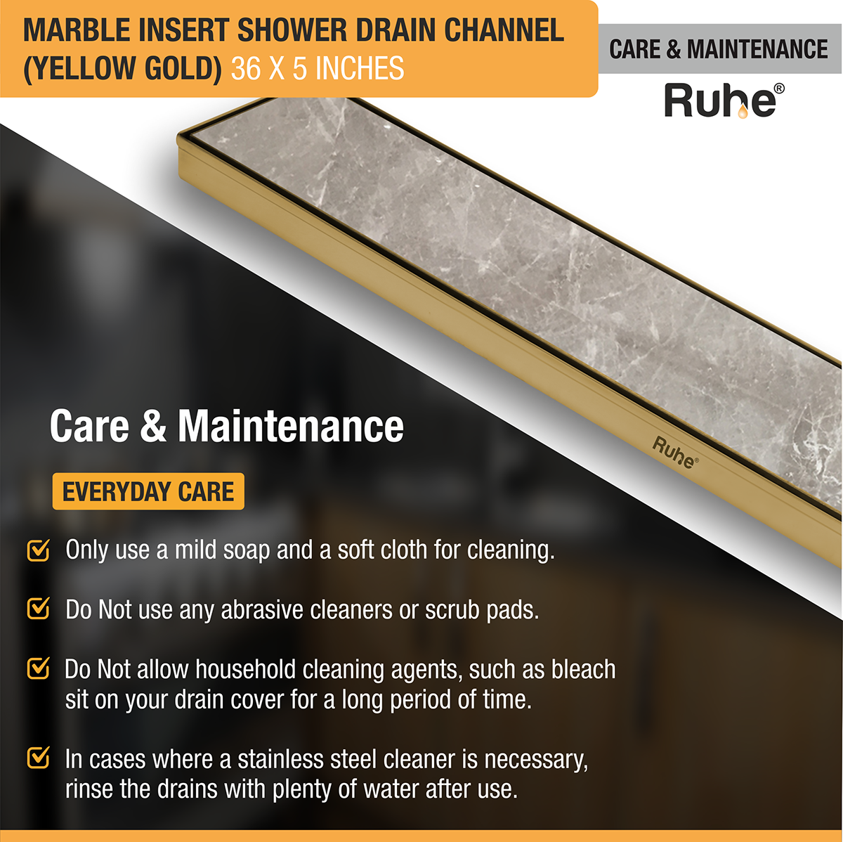 Marble Insert Shower Drain Channel (36 x 5 Inches) YELLOW GOLD PVD Coated care and maintenance