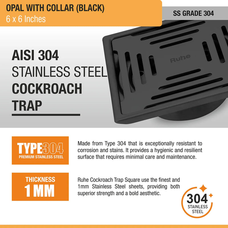 Opal Square 304-Grade Floor Drain in Black PVD Coating (6 x 6 Inches) - by Ruhe