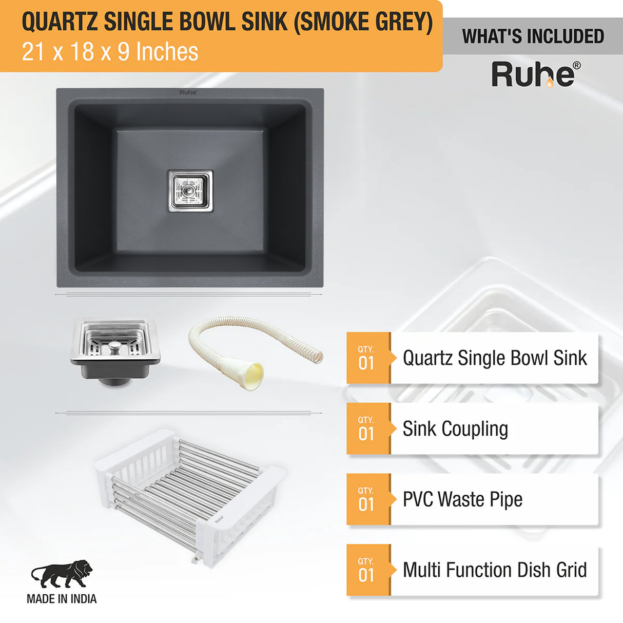 Quartz Single Bowl Kitchen Sink - Smoke Grey (21 x 18 x 9 inches) - by Ruhe®