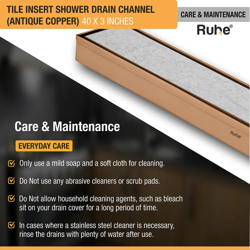 Tile Insert Shower Drain Channel (40 x 3 Inches) Antique Copper PVD Coated - by Ruhe