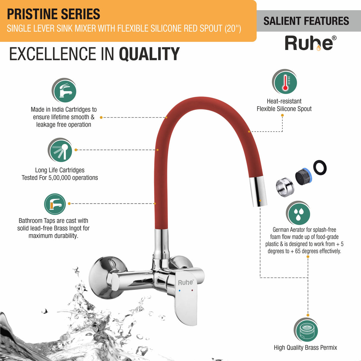 Pristine Single Lever Wall-mount Sink Mixer Brass Faucet with Red Silicone Spout - by Ruhe®