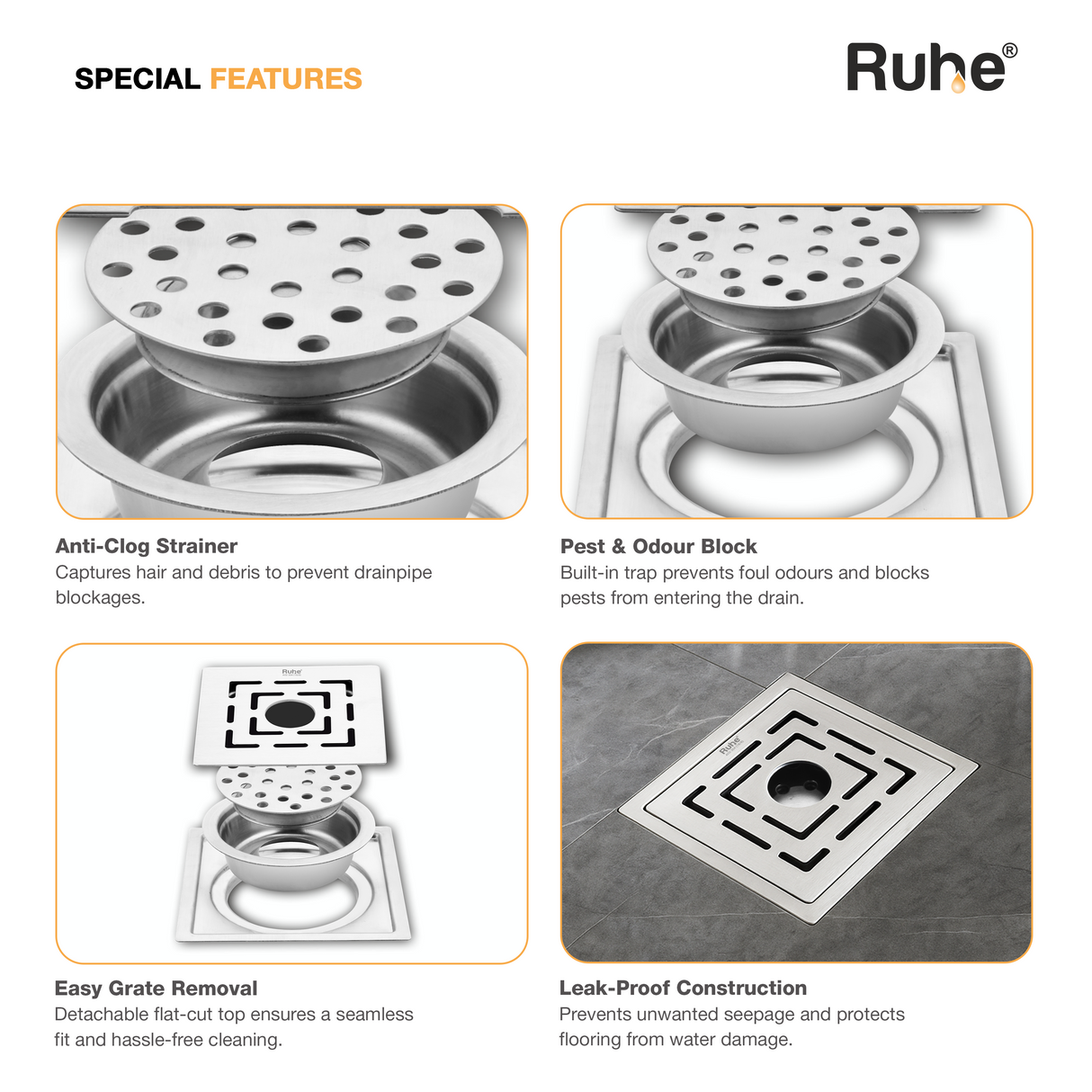 Sapphire Square Flat Cut Floor Drain