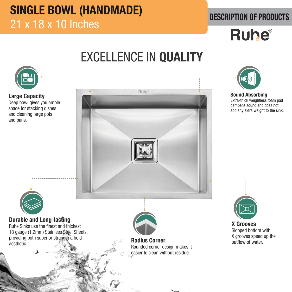 Handmade Single Bowl Kitchen Sink (21 x 18 x 10 Inches)