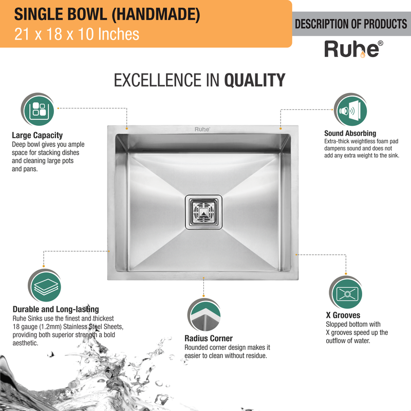 Handmade Single Bowl Kitchen Sink (21 x 18 x 10 Inches)