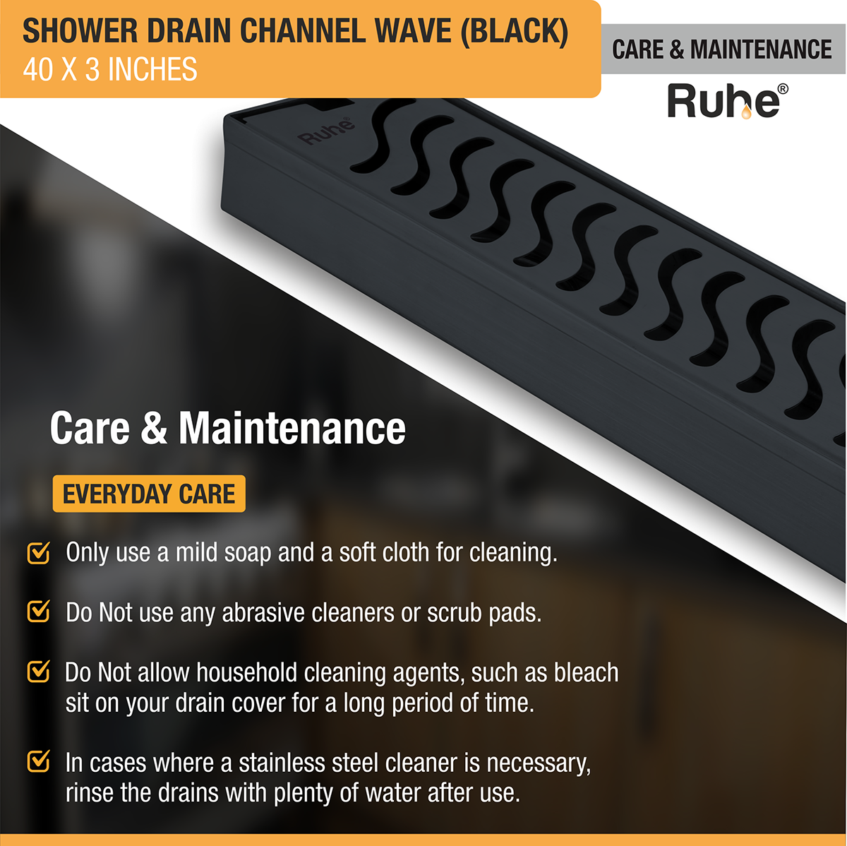 Wave Shower Drain Channel (40 x 3 Inches) Black PVD Coated - by Ruhe®