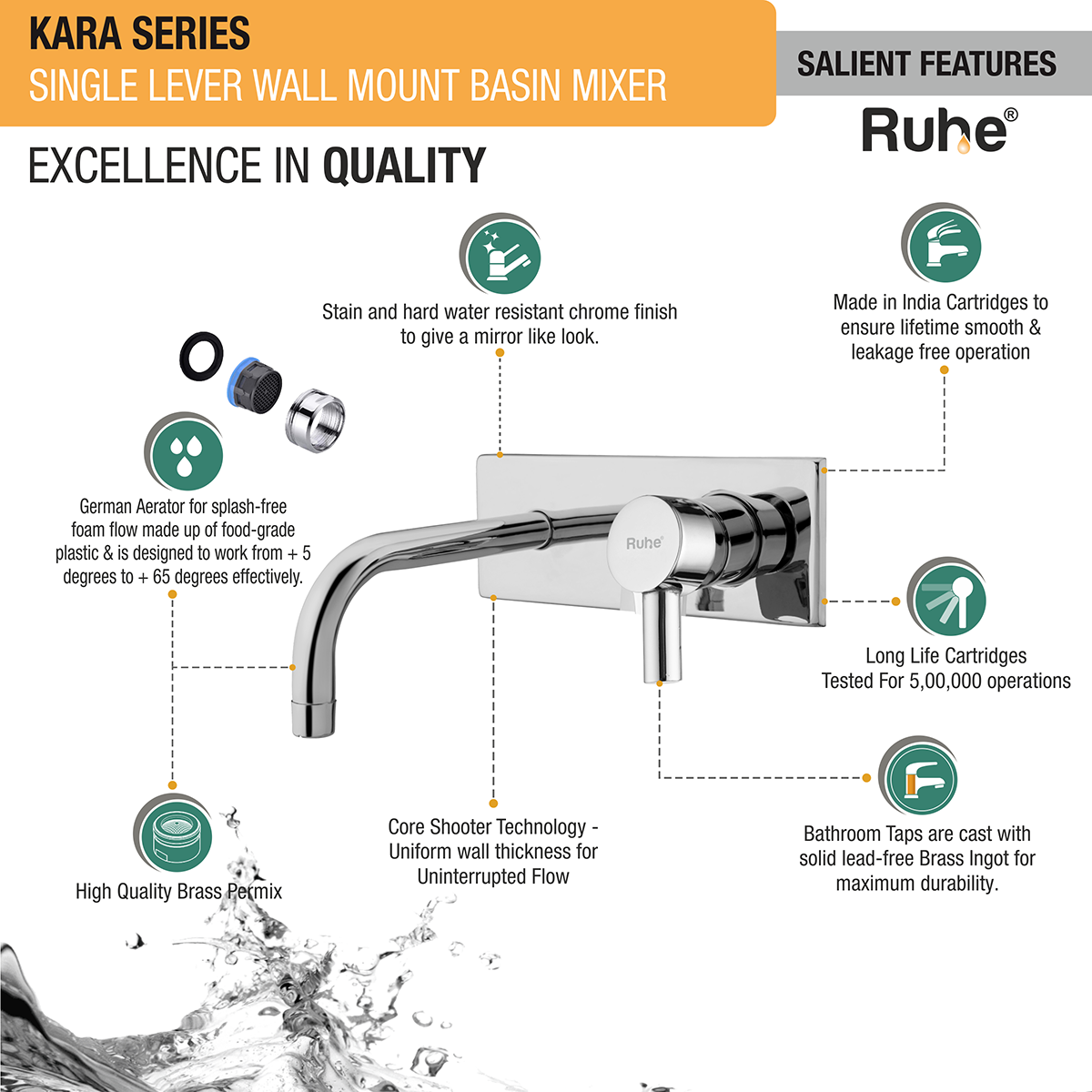 Kara Single Lever Wall Mixer Brass Faucet 5