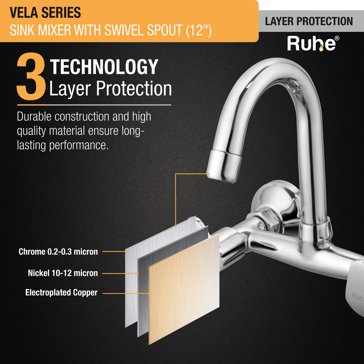 Vela Wall Mount Kitchen Sink Mixer Tap with Swivel Spout
