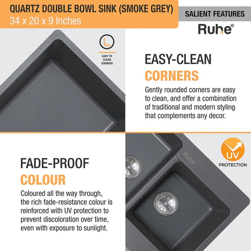 Quartz Double Bowl Kitchen Sink (34 x 20 x 9 inches)