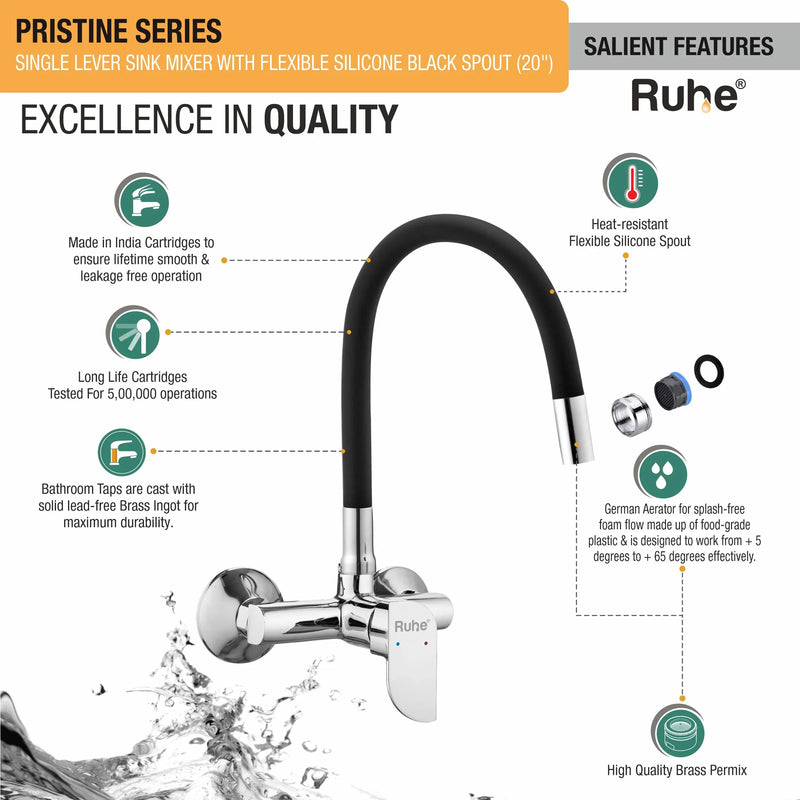 Pristine Single Lever Wall-mount Kitchen Sink Mixer Tap with Coloured Silicone Spout