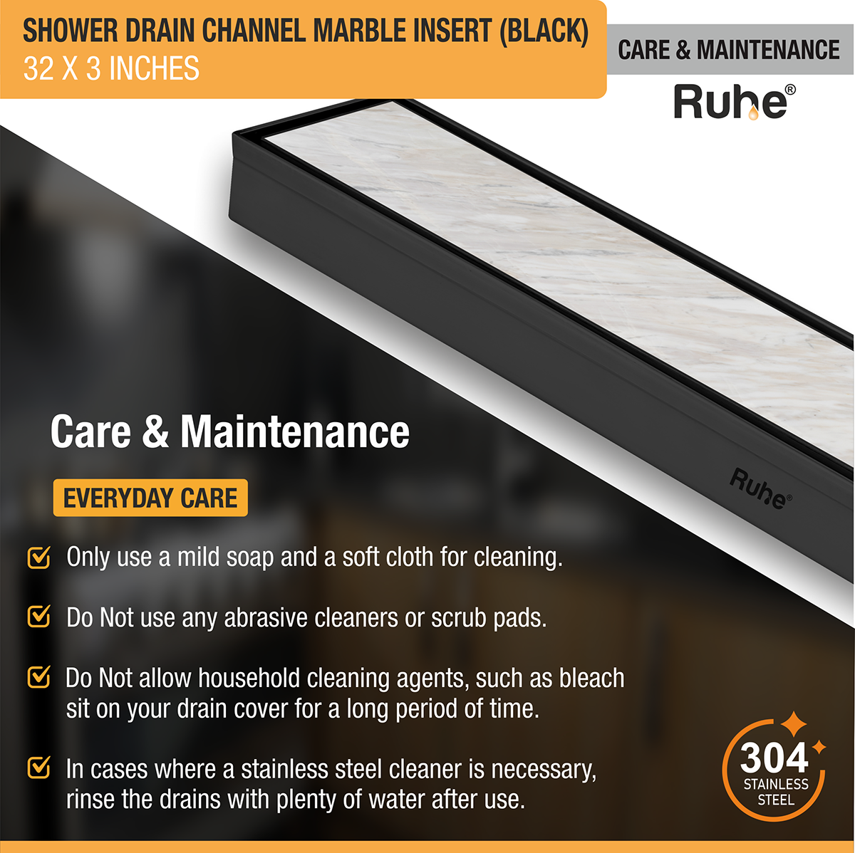 Marble Insert Shower Drain Channel (32 x 3 Inches) Black PVD Coated - by Ruhe®