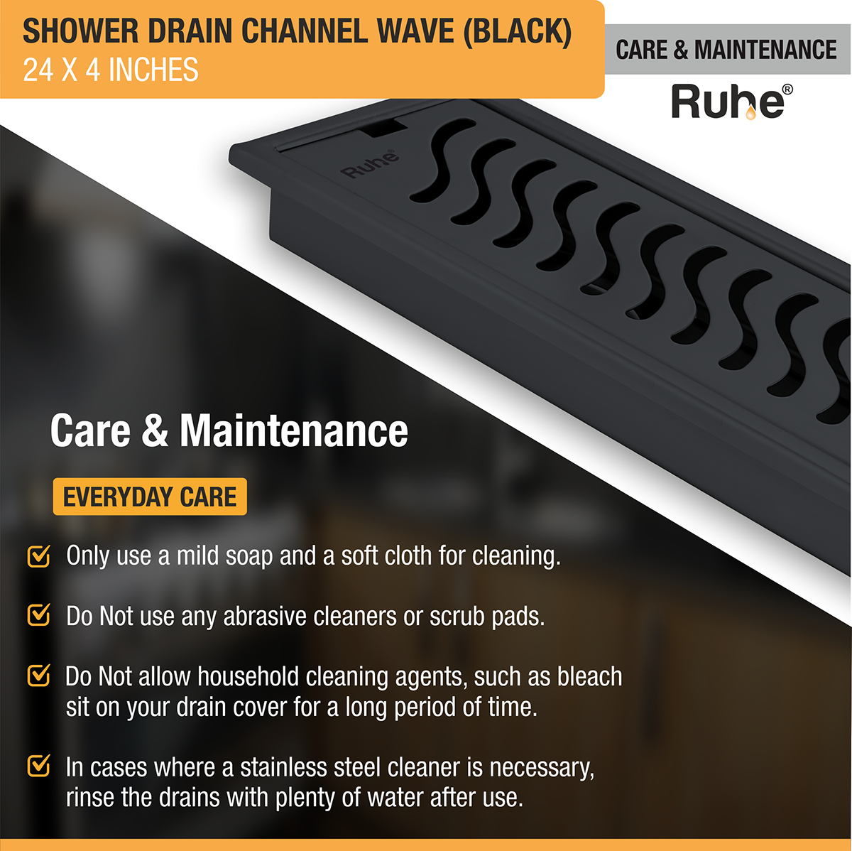 Wave Shower Drain Channel (24 x 4 Inches) Black PVD Coated - by Ruhe®