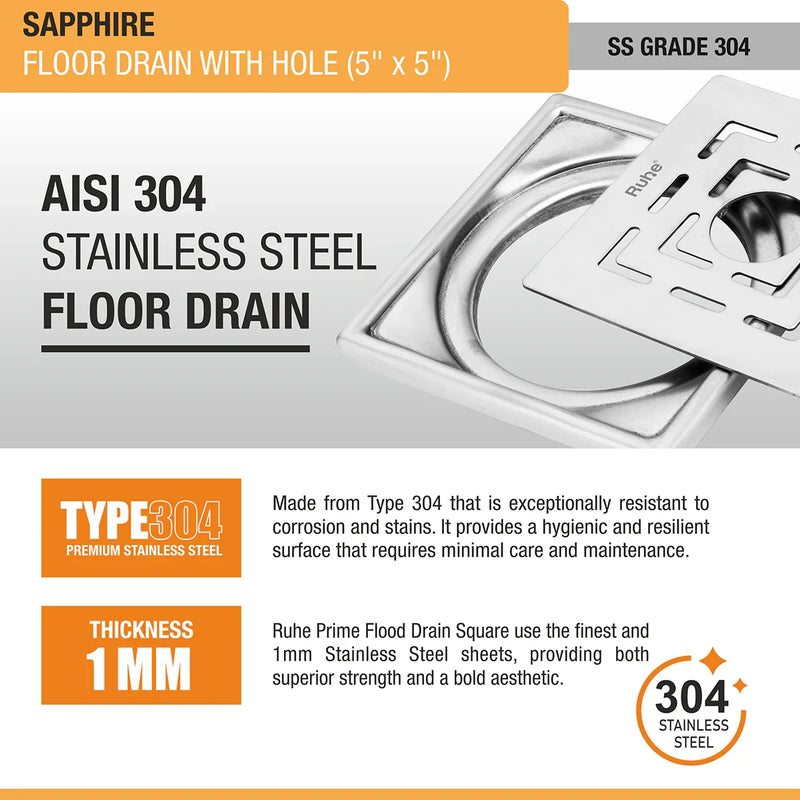 Sapphire Square 304-Grade Floor Drain with Hole (5 x 5 Inches) - by Ruhe
