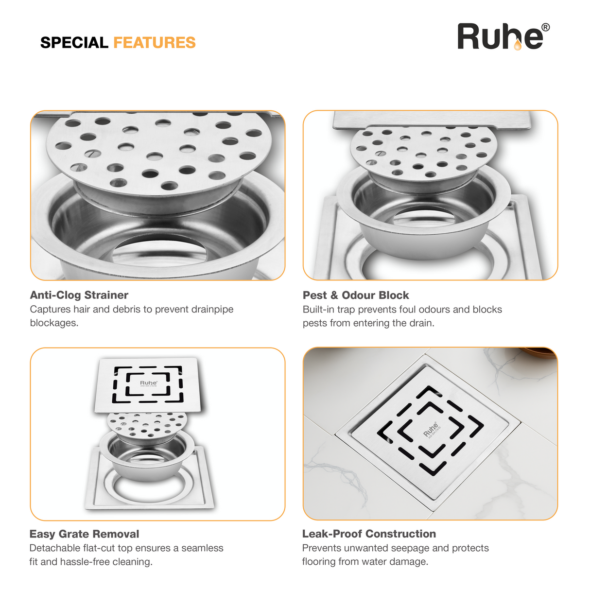 Sapphire Square Flat Cut Floor Drain