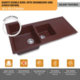 Choco Brown Quartz Double Bowl with Drainboard  Kitchen Sink (45 x 20 x 9 inches) - by Ruhe