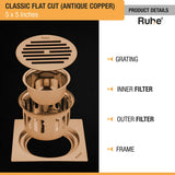 Classic Square Flat Cut Floor Drain in Antique Copper PVD Coating (5 x 5 Inches) with grating, inner filter, outer filter, frame