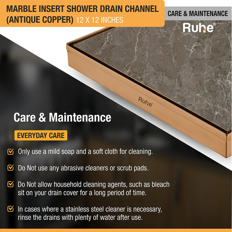 Marble Insert Shower Drain Channel (12 x 12 Inches) Antique Copper PVD Coated - by Ruhe
