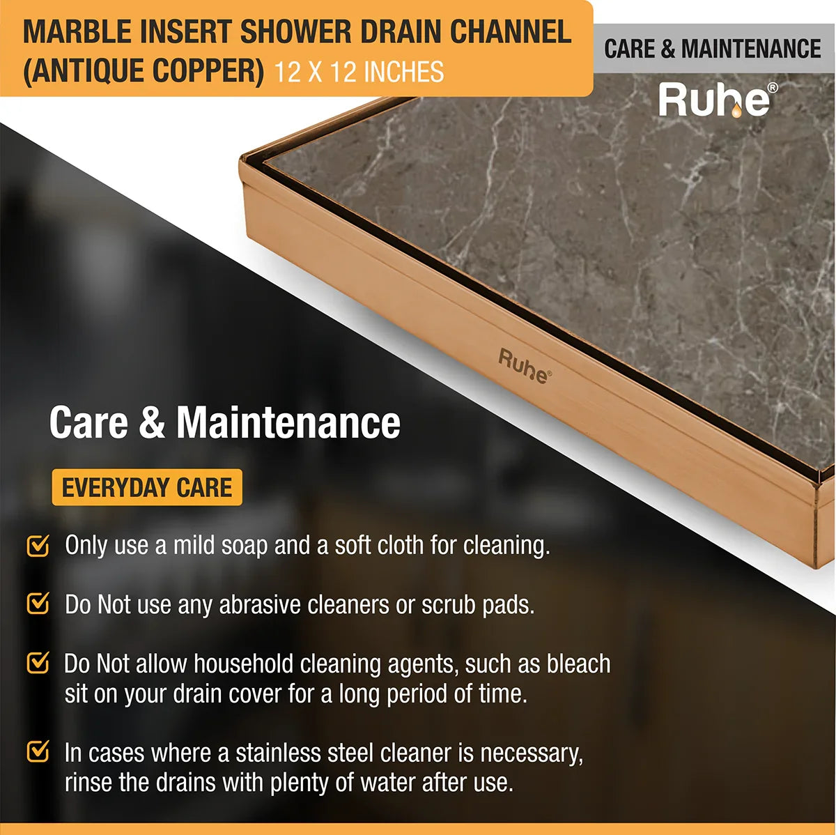 Marble-Insert Shower Drain Channel (12 x 12 Inches)