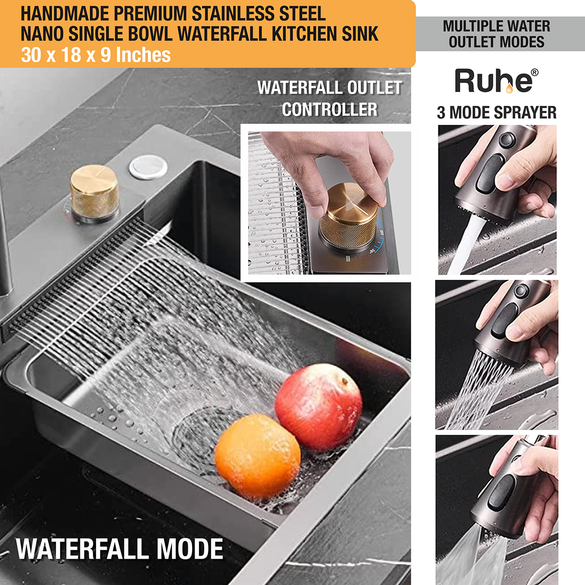  Handmade Premium Nano Kitchen Sink with Integrated Waterfall, Pull-Out & RO Faucet (30 x 18 x 9 Inches) 5