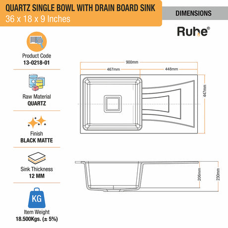 Quartz Single Bowl with Drainboard Kitchen Sink - Matte Black (36 x 18 x 9 inches) - by Ruhe