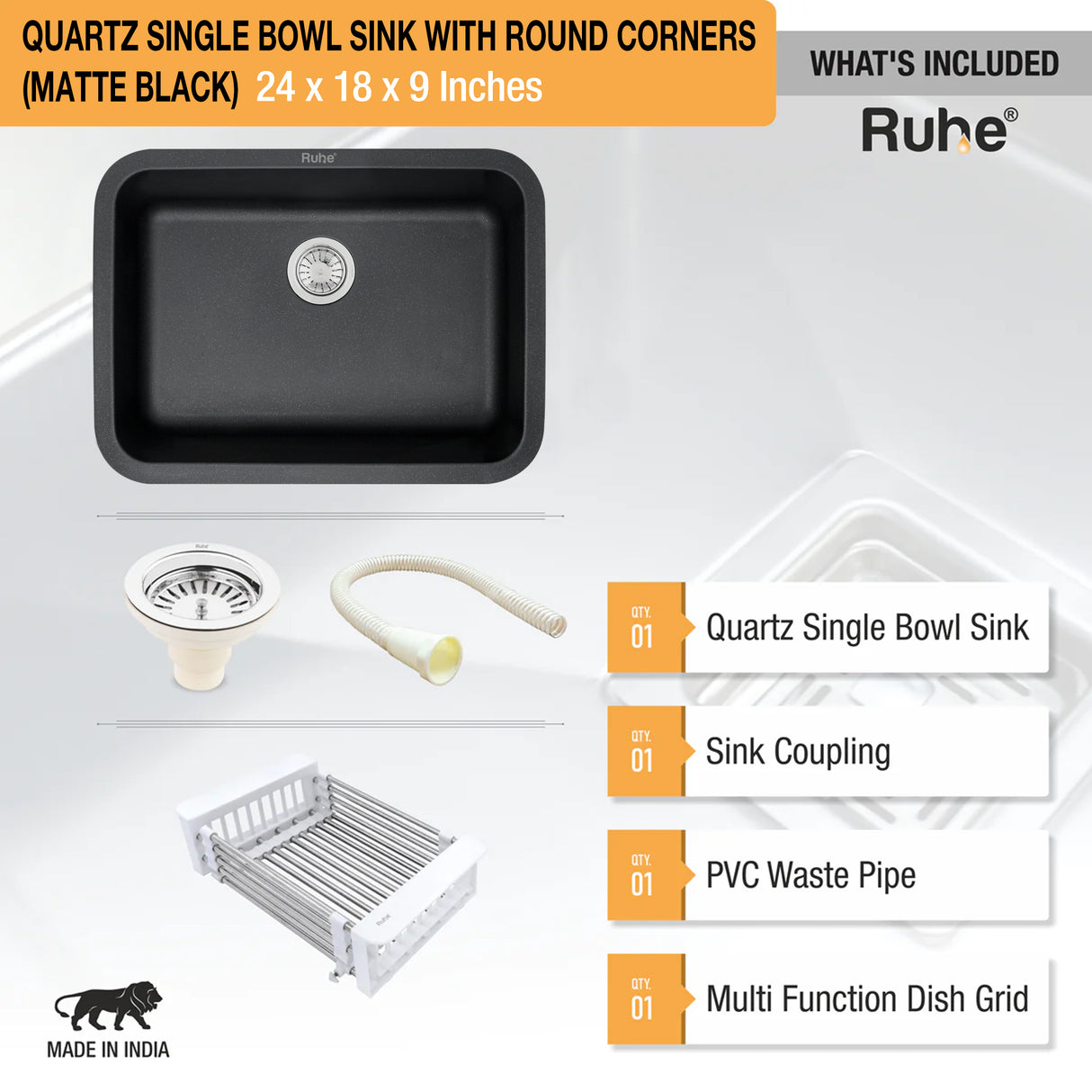 Quartz Single Bowl Kitchen Sink with Rounded Corners - Black (24 x 18 x 9)  - by Ruhe®