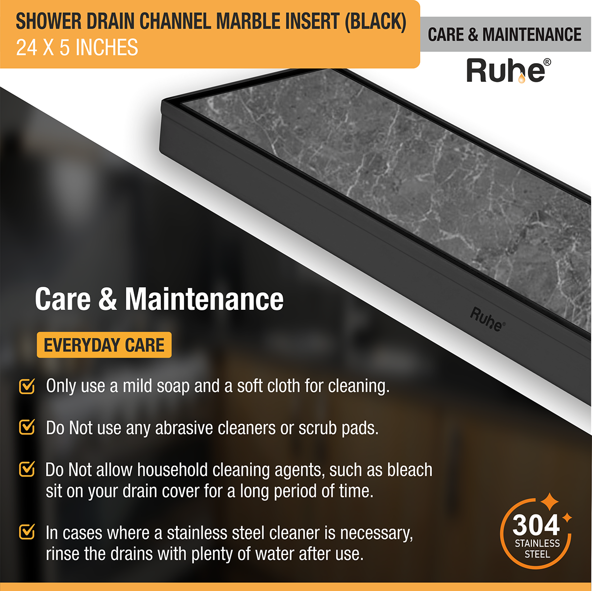 Marble Insert Shower Drain Channel (24 x 5 Inches) Black PVD Coated - by Ruhe®