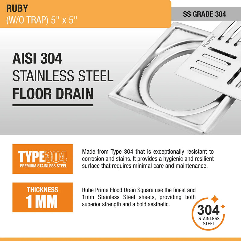 Ruby Square 304-Grade Floor Drain (5 x 5 Inches) - by Ruhe