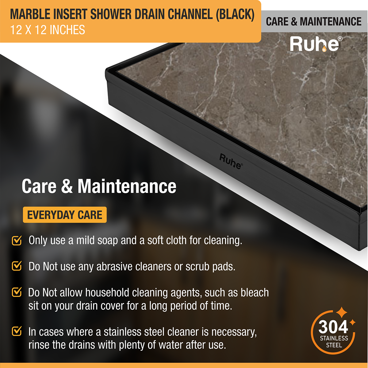 Marble Insert Shower Drain Channel (12 x 12 Inches) Black PVD Coated - by Ruhe®