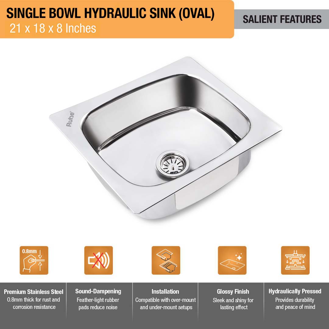 Oval Single Bowl (21 x 18 x 8 inches) Kitchen Sink - by Ruhe