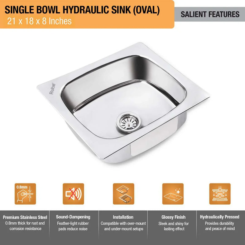 Oval Single Bowl Kitchen Sink (21 x 18 x 8 Inches)
