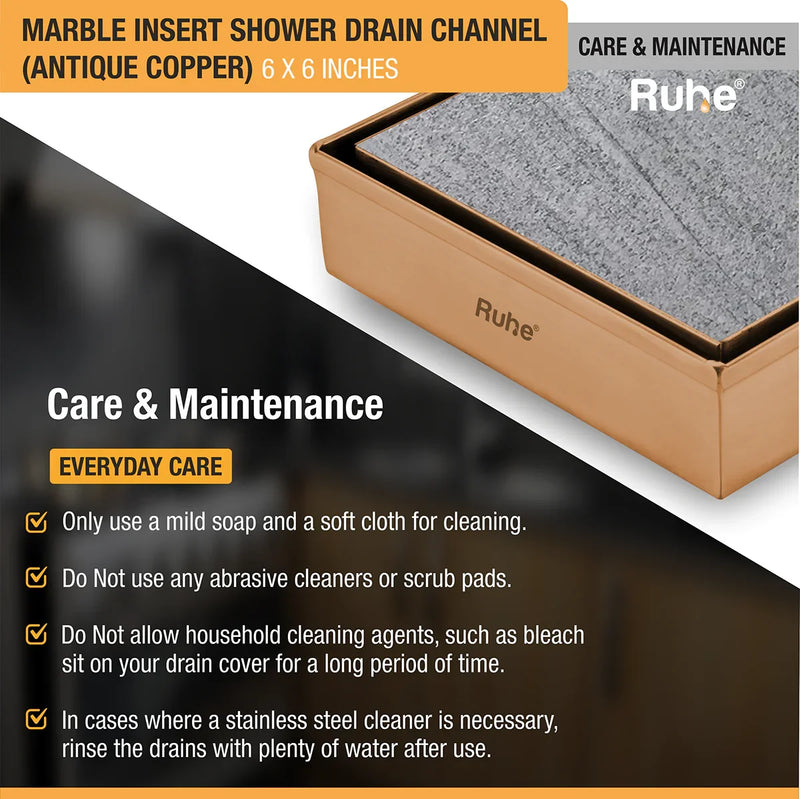 Marble Insert Shower Drain Channel (6 x 6 Inches) Antique Copper PVD Coated - by Ruhe