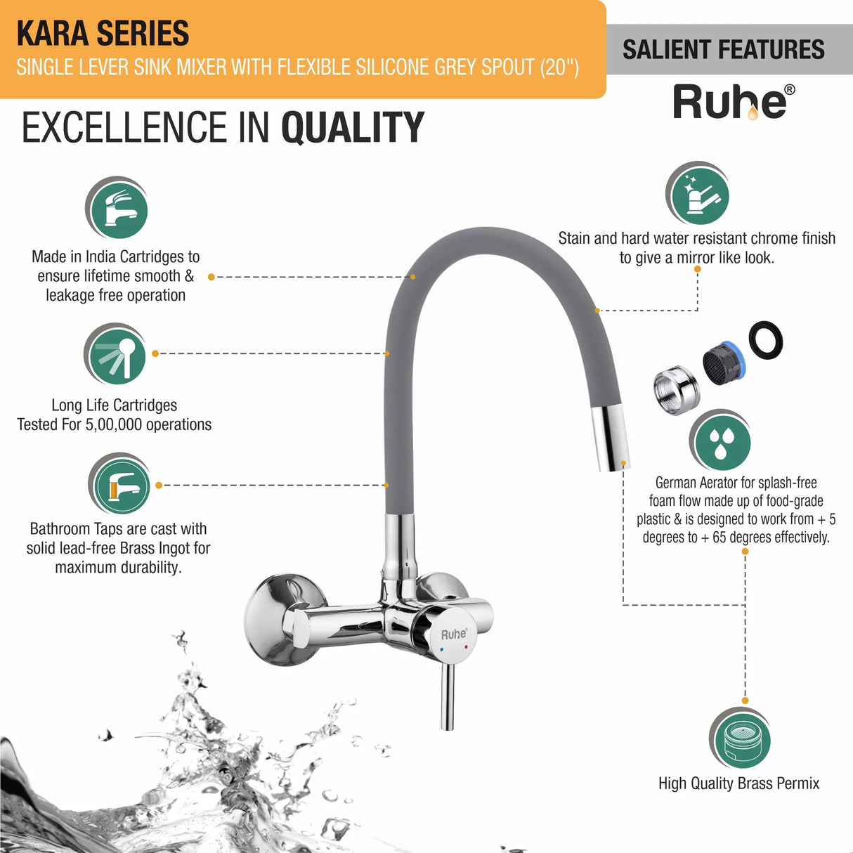 Kara Single Lever Wall-mount Kitchen Sink Mixer Tap with Coloured Silicone Spout