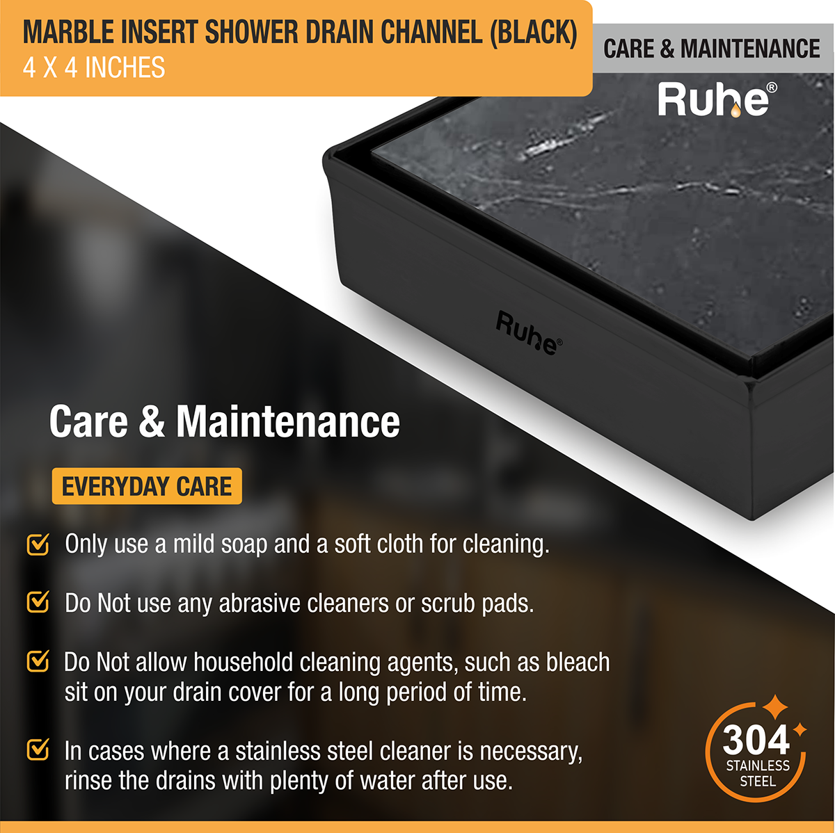 Marble Insert Shower Drain Channel (4 x 4 Inches) Black PVD Coated - by Ruhe®