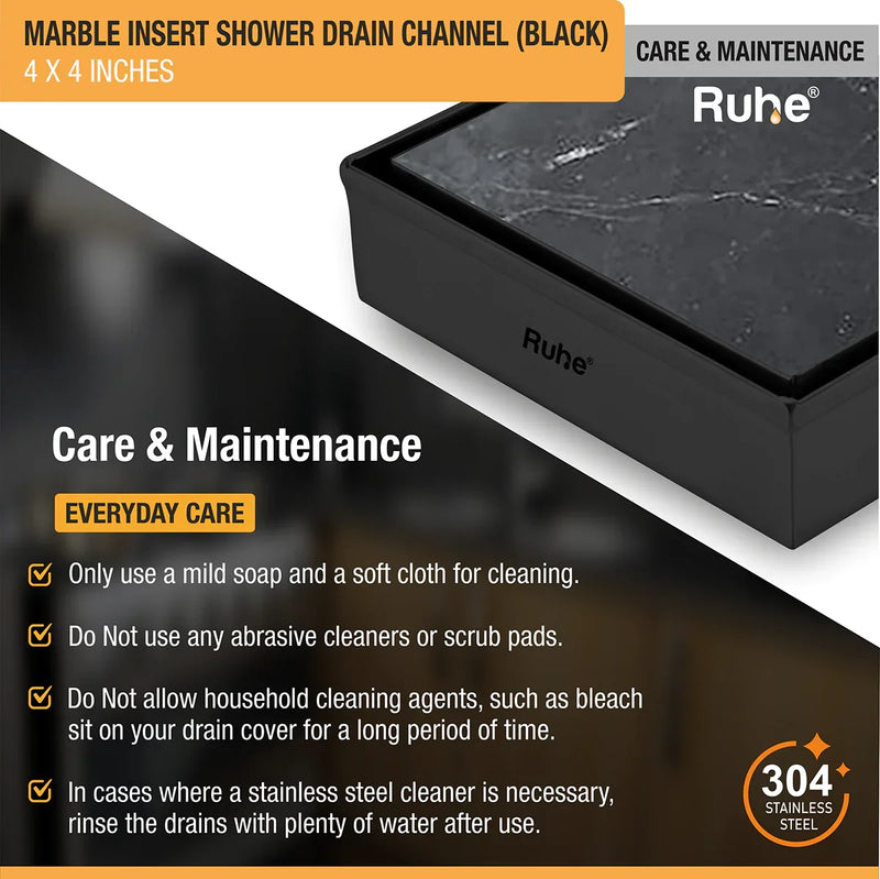 Marble-Insert Shower Drain Channel Black (4 x 4 Inches)