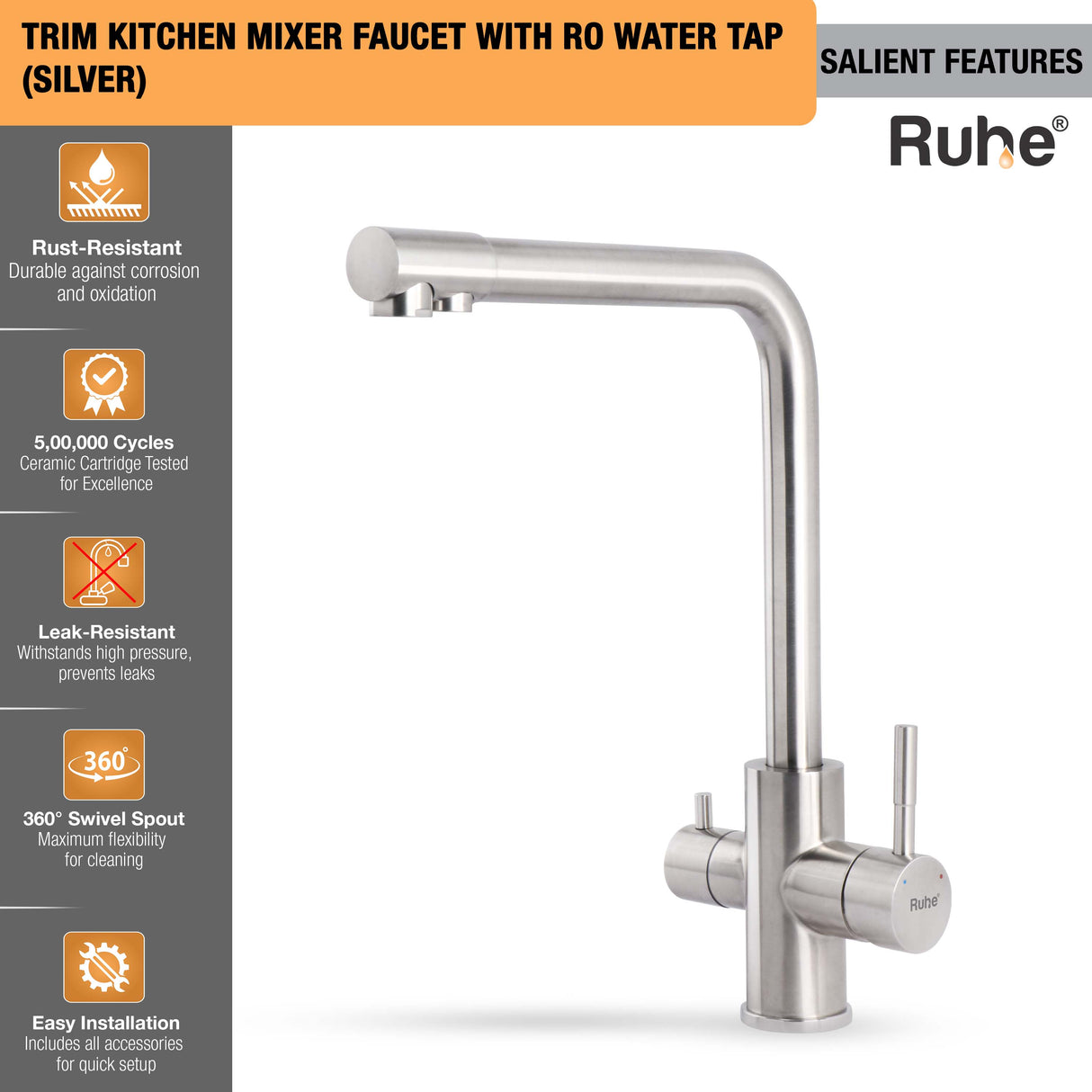 Trim Kitchen Mixer Faucet with RO Water Tap (Silver)