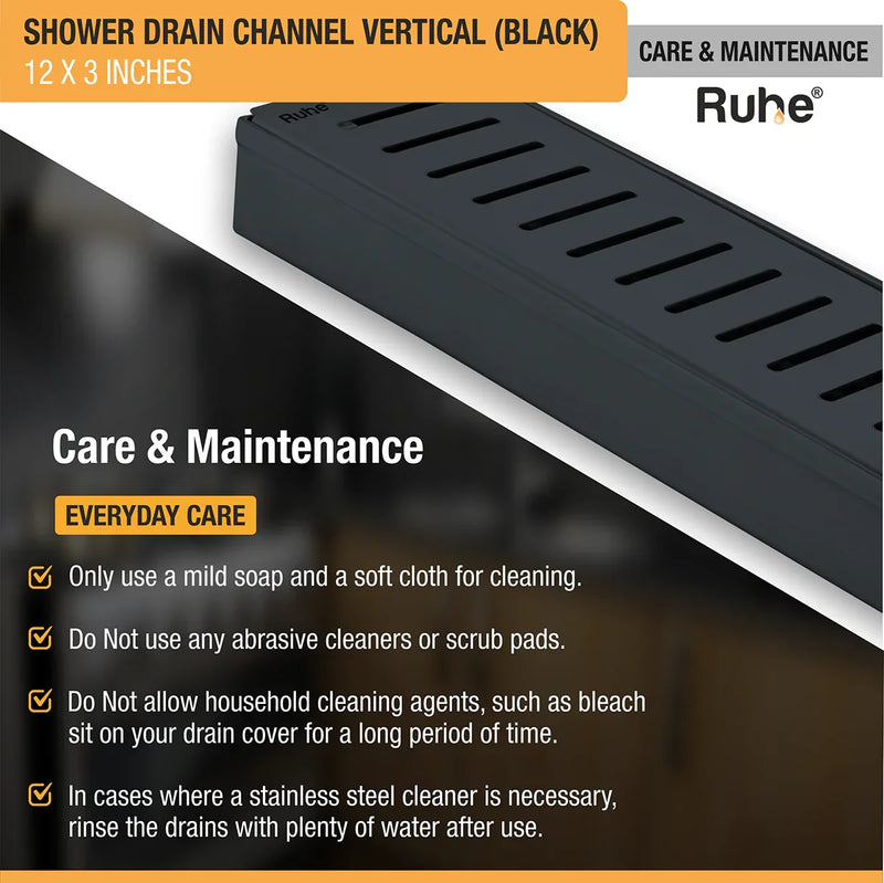Vertical Shower Drain Channel (12 x 3 Inches) Black PVD Coated - by Ruhe