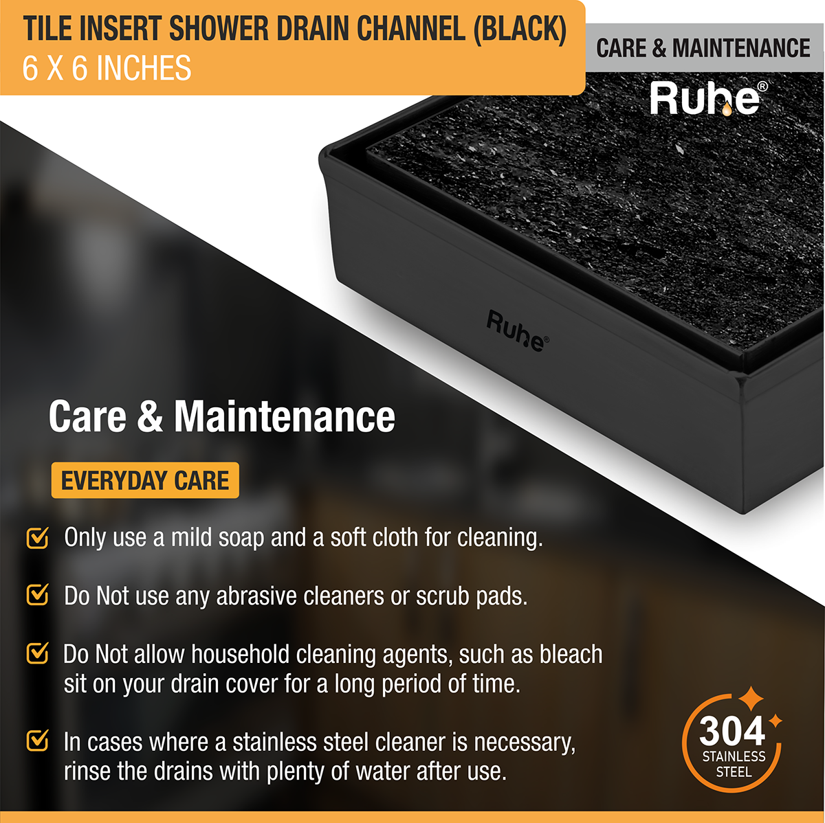 Tile Insert Shower Drain Channel (6 x 6 Inches) Black PVD Coated - by Ruhe®