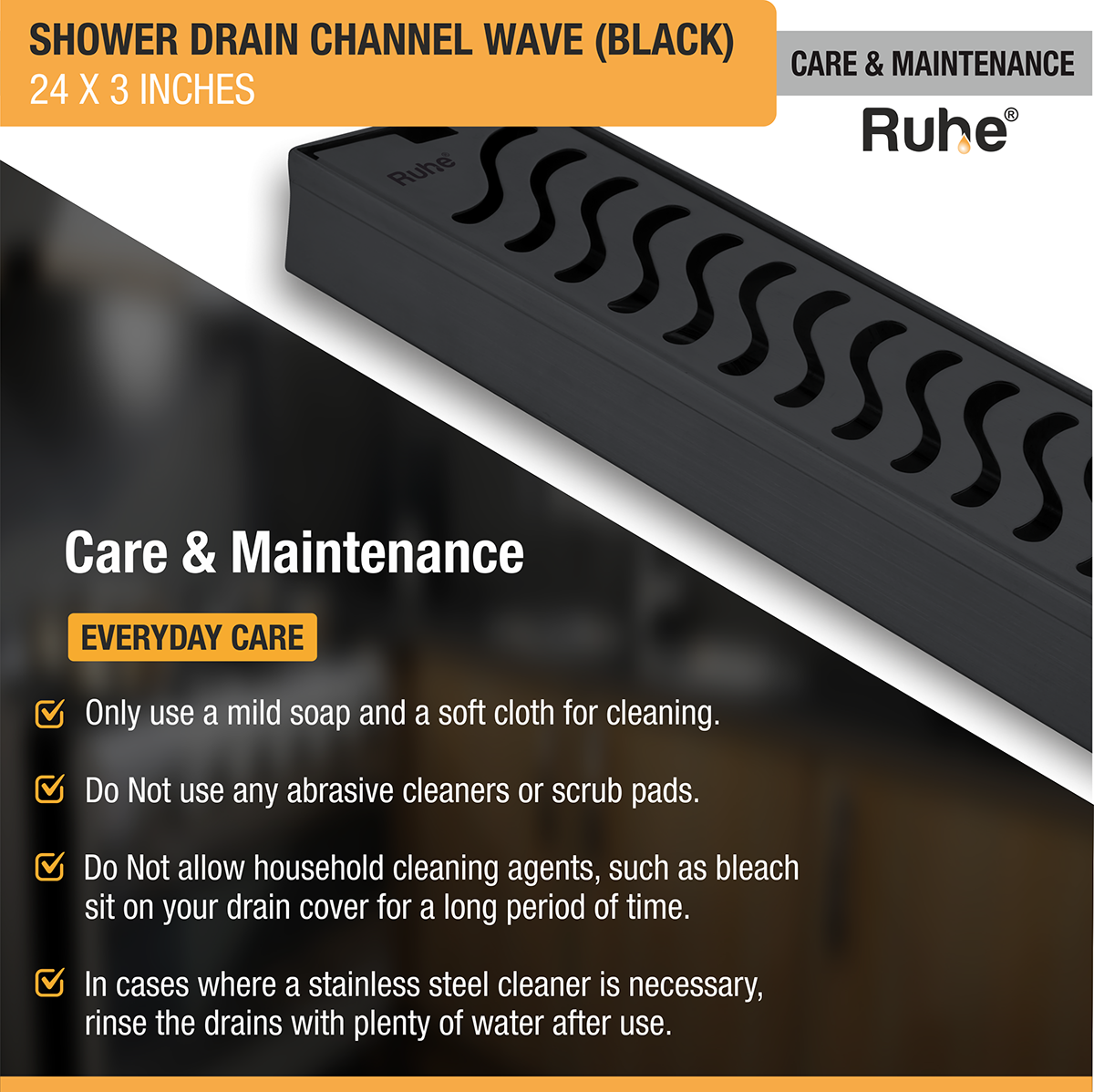 Wave Shower Drain Channel (24 x 3 Inches) Black PVD Coated - by Ruhe®