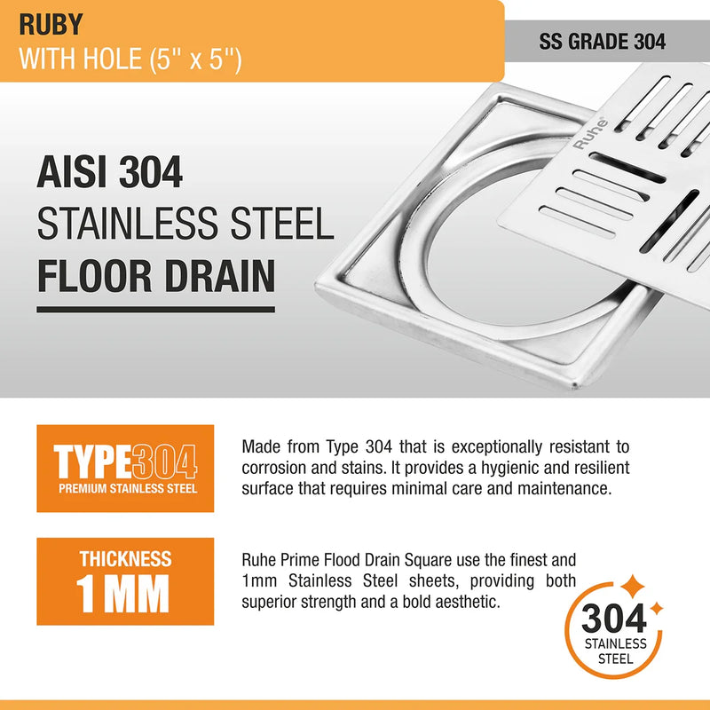 Ruby Square 304 Grade Floor Drain with Hole (5 x 5 Inches) - by Ruhe