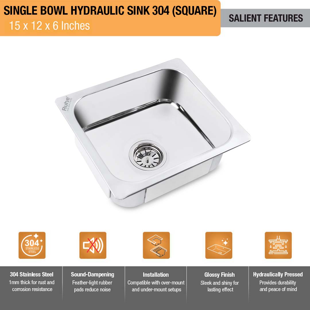 Square Single Bowl 304-Grade Kitchen Sink (15 x 12 x 6 inches)– by Ruhe