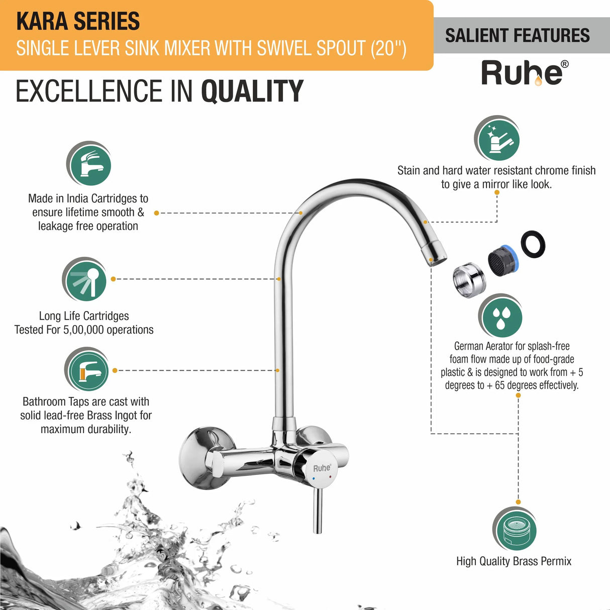 Kara Single Lever Wall-mount Kitchen Sink Mixer Tap with Swivel Spout